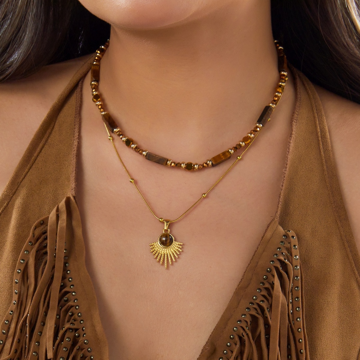 Layered Pendant Necklace Aesthetic - 美しい秋のブラウンナチュラルタイガーアイビーズサンペンダントネックレス、男女兼用ステンレススチール製ハートレイヤードチョーカージュエリー