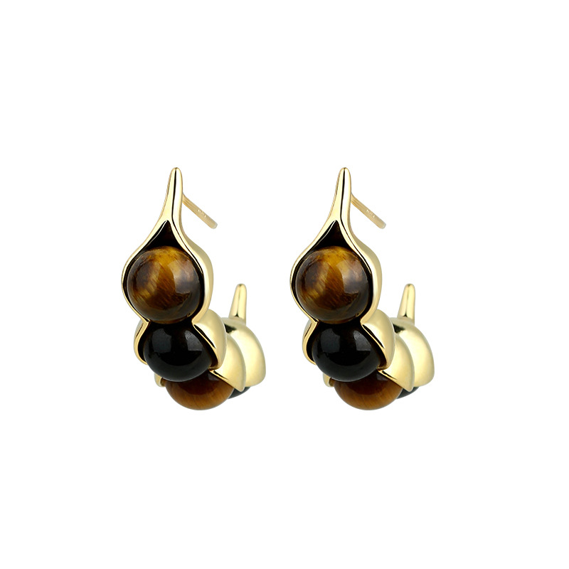 Earrings - タイガーアイポッドイヤリング宝石本物のジュエリーデザイナー耳スタッドヴィンテージファッションアクセサリー 18K ゴールドメッキチャームお守り高級