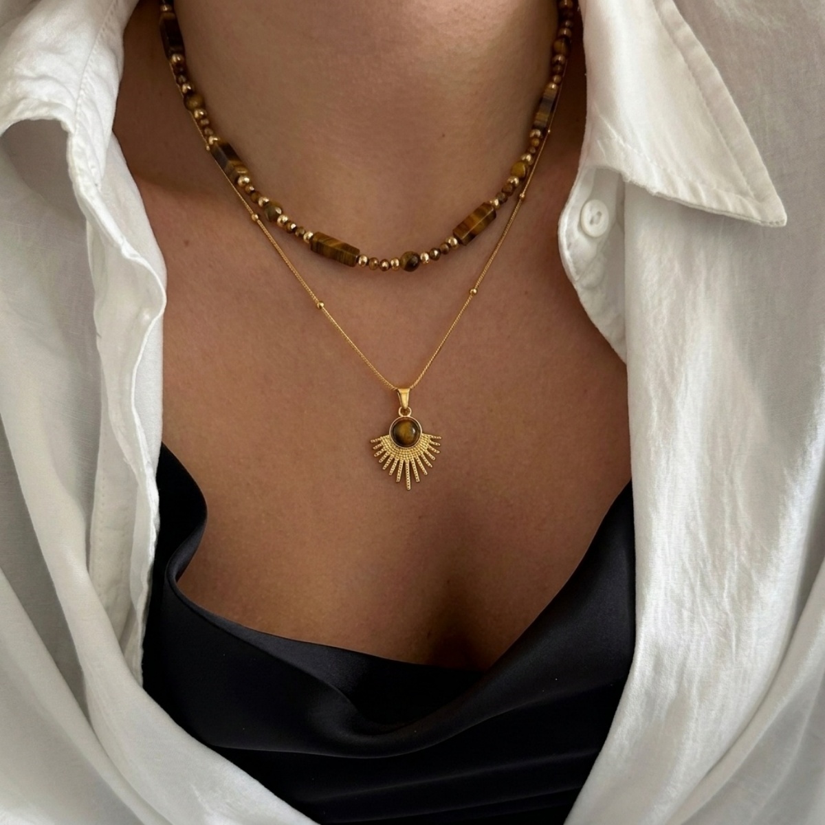 美しい秋のブラウンナチュラルタイガーアイビーズサンペンダント - Layered Pendant Necklace Aesthetic のレビューと価格