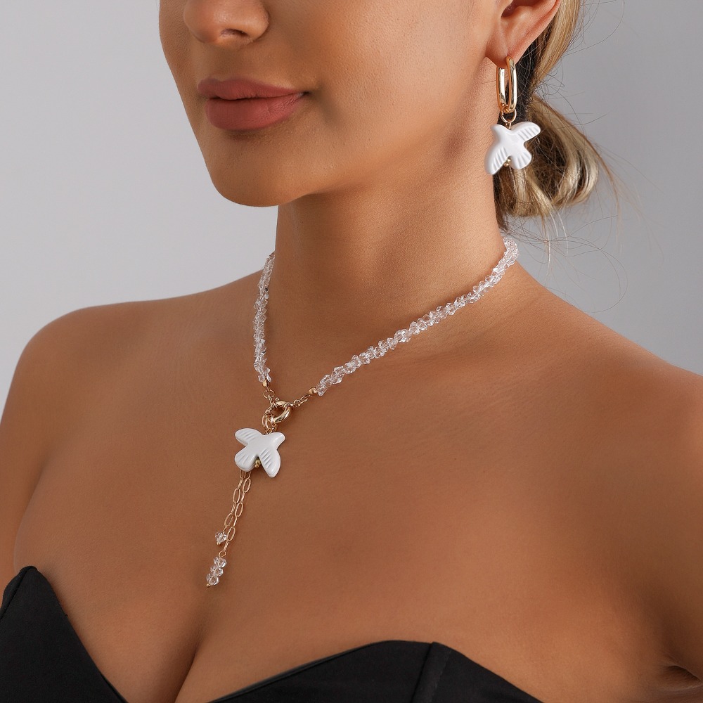 ホワイトダブパールチョーカーネックレスイヤリング女性用バード - Layered Pendant Necklace Aesthetic のレビューと価格
