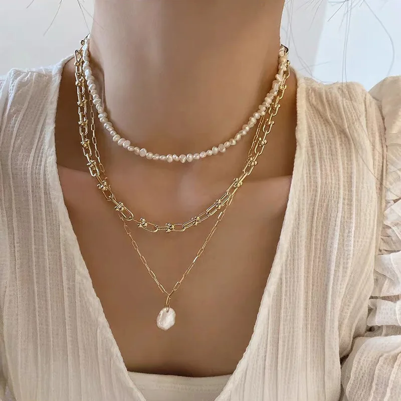 フレンチレトロリンクチェーン天然淡水真珠ペンダントネックレス - Pearl Choker Necklace Vintage のレビューと価格