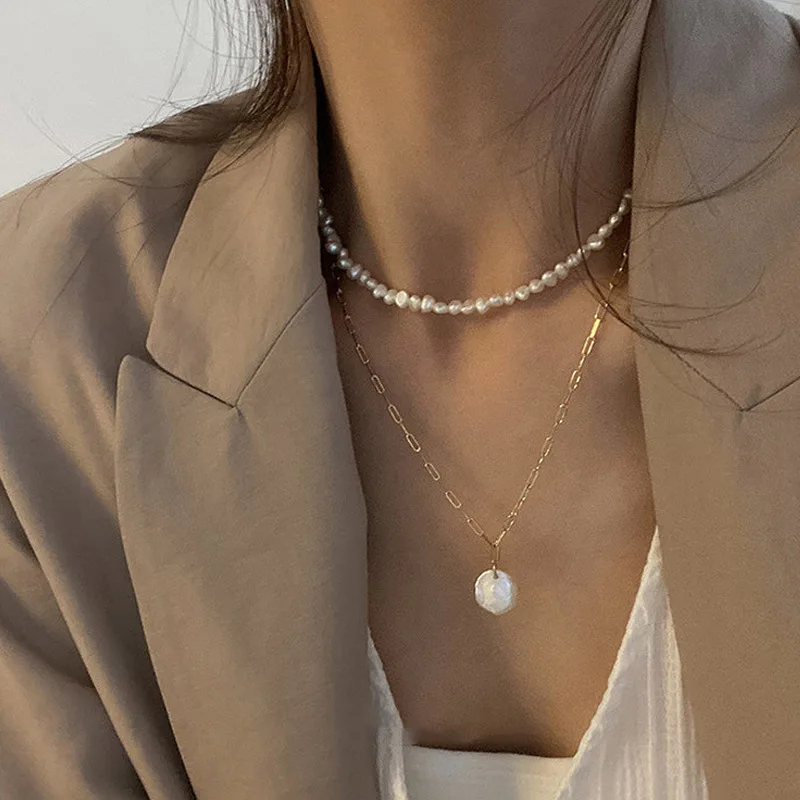 フレンチレトロリンクチェーン天然淡水真珠ペンダントネックレス - Pearl Choker Necklace Vintage のレビューと価格